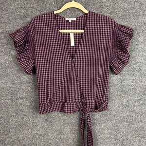 New Madewell Women Plaid Flutter Sleeve Wrap Tie Front Blouse Top Size S